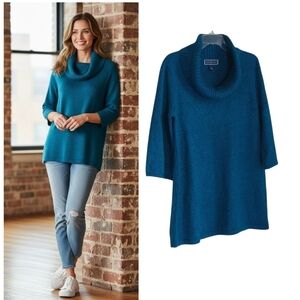 Karen Scott Blue 3/4 sleeve cowlneck longline pullover knit sweater, sz M